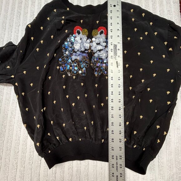 Women's Long Flutter Sleeve Pullover Sheer Blouse Top Sequin Beads Black Stretch - Picture 7 of 8